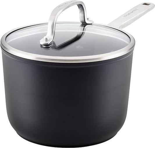 KitchenAid Hard Anodized Induction Nonstick Saucepan with Lid, 2 Quart -Matte Black