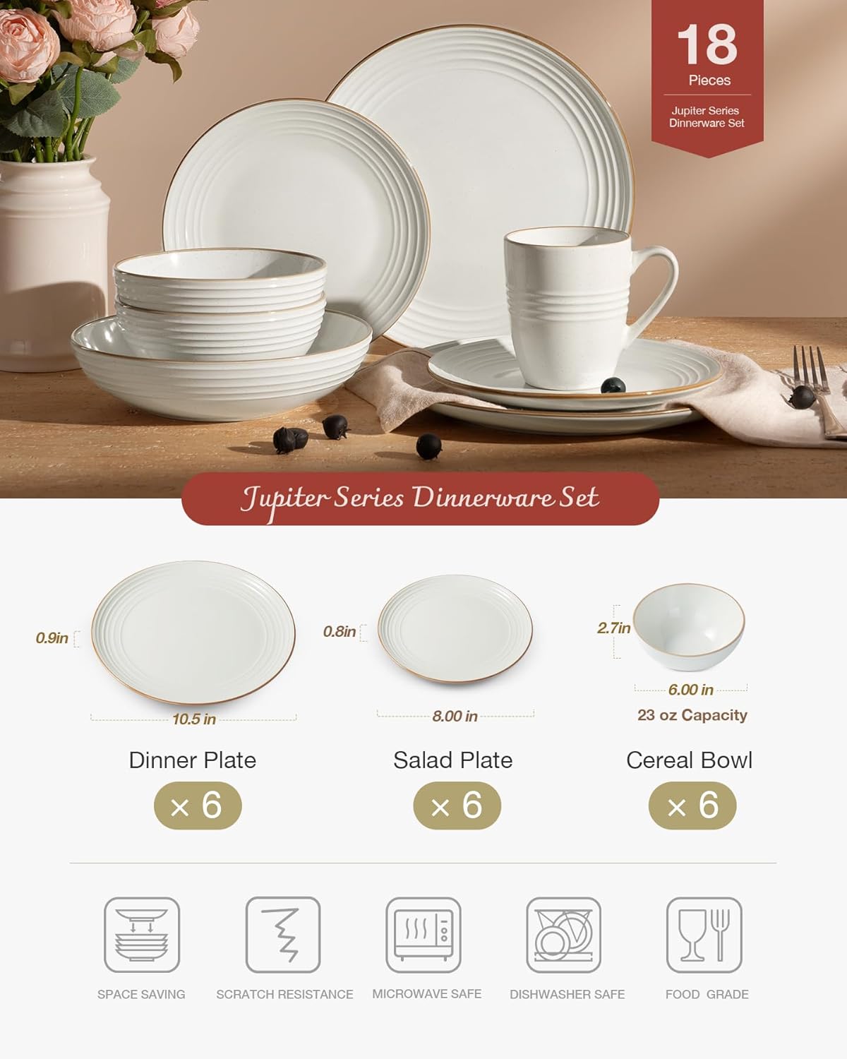 Famiware Jupiter Dinnerware Set, Plates and Bowls Dish Sets for 6 (18 Pieces), Microwave and Dishwasher Safe Stoneware Speckled Tableware, Chip and Scratch Resistant, White