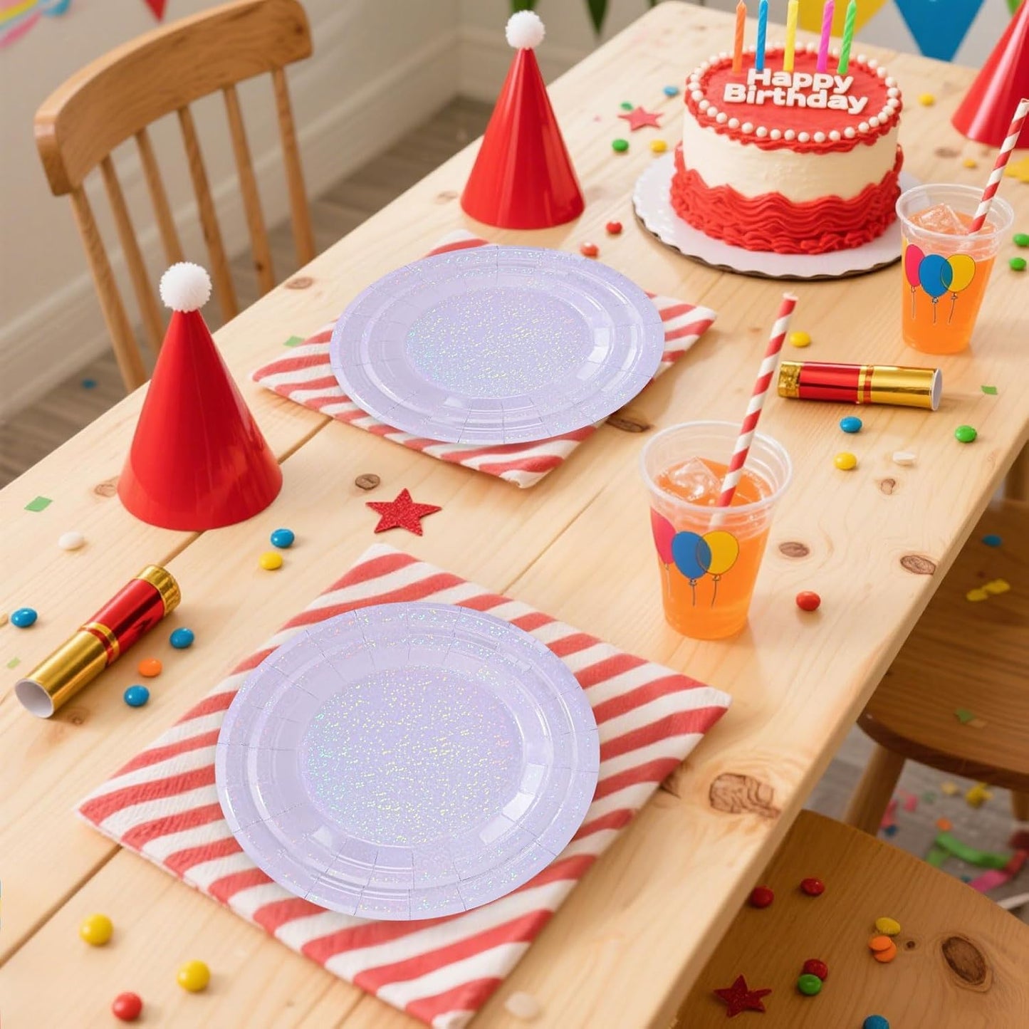 50 Pcs Iridescent Light Purple Paper Plates 25 × 7'' and 25 × 9'' Disposable Lavender Shiny Holographic Foil Dinner Plates for Wedding Baby Shower Birthday Party Glitter Dessert Plate