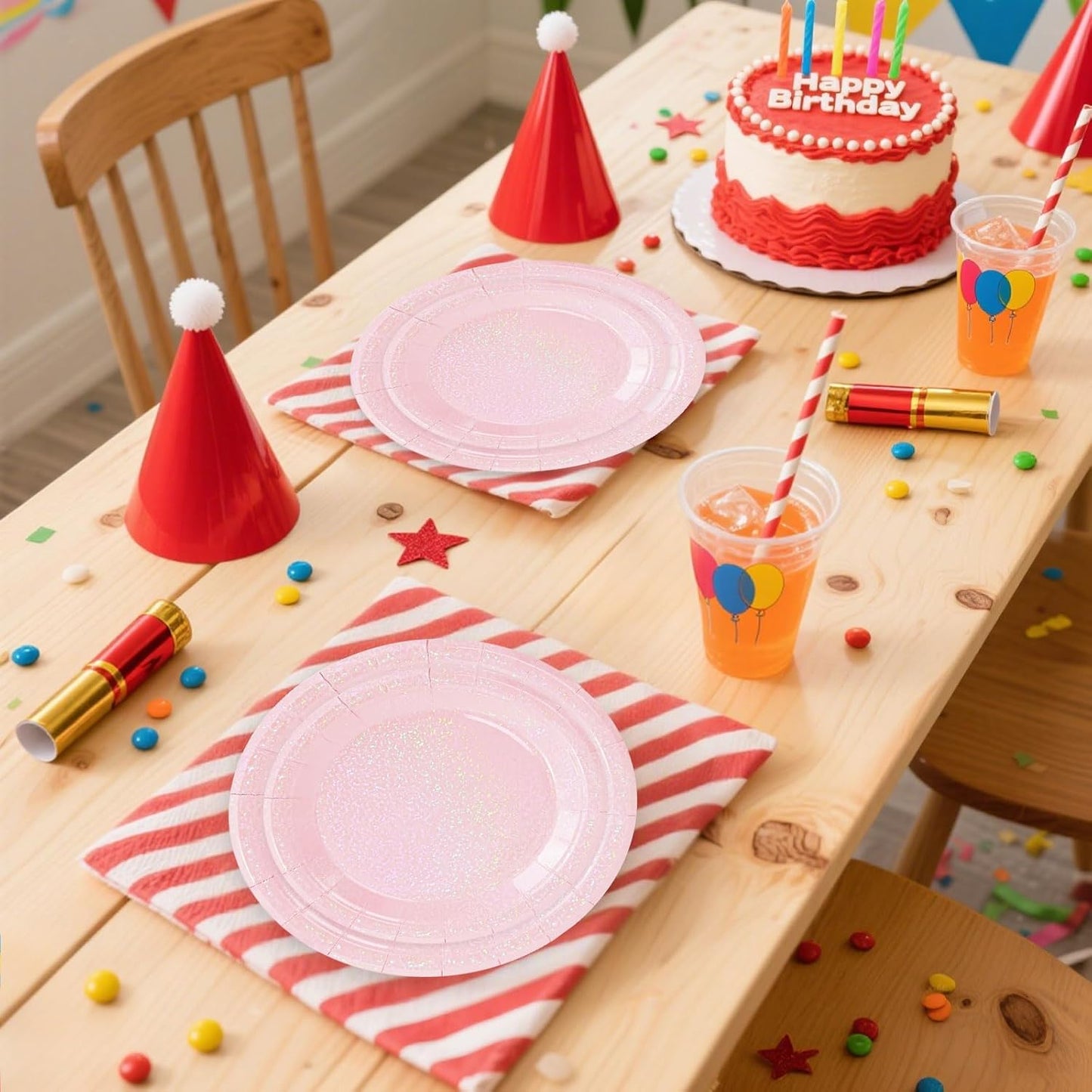 50 Pcs Iridescent Light Pink Paper Plates 25 × 7'' and 25 × 9'' Disposable Pink Shiny Holographic Foil Dinner Plates for Wedding Baby Shower Birthday Disco Party Glitter Dessert Plate