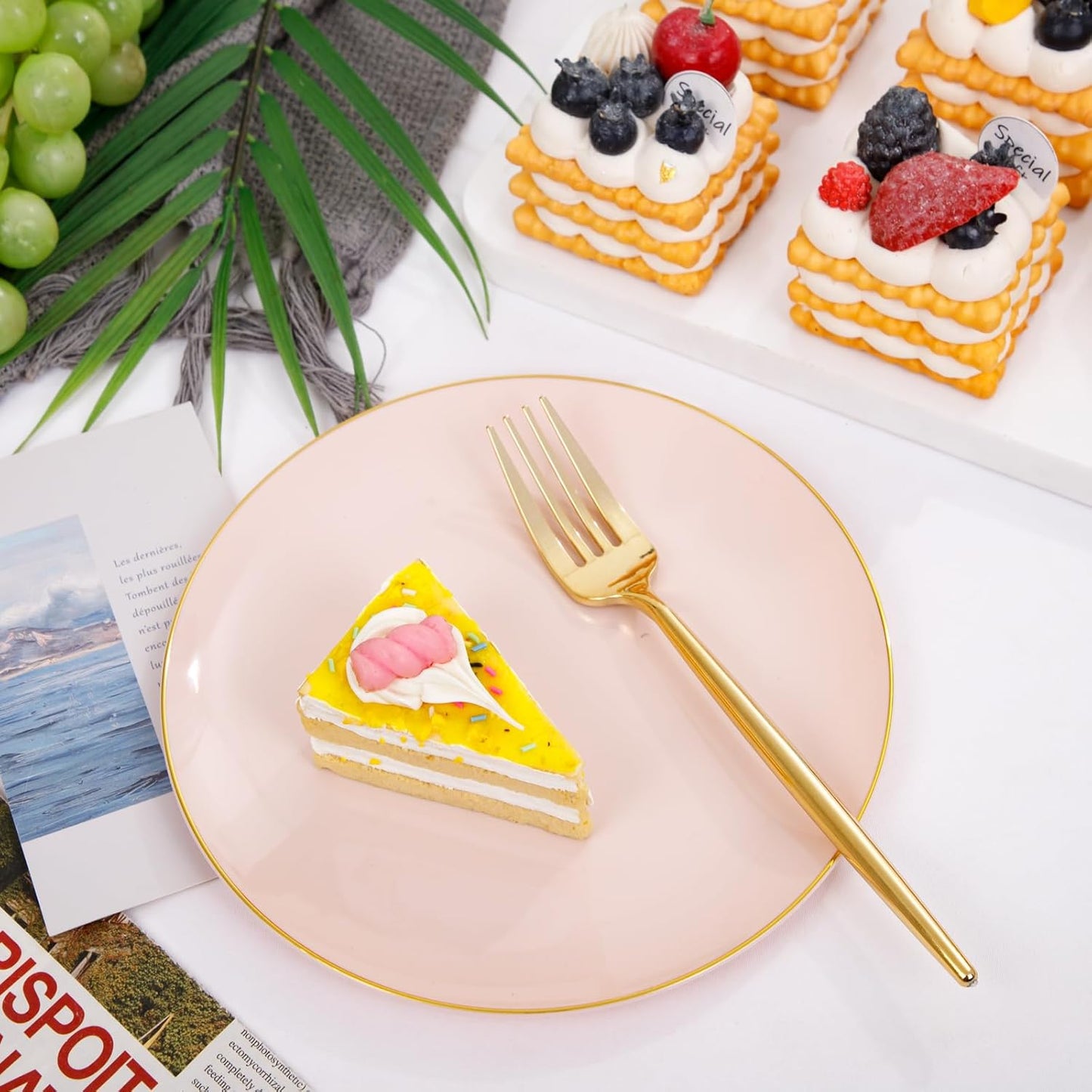 Rubtlamp 200Pcs Plastic Pink Dessert Plates with Disposable Gold Forks,Heavy Duty Pink Disposable Salad Platos,Gold Small Platos,Fancy Appetizer Plates for Mother's Day