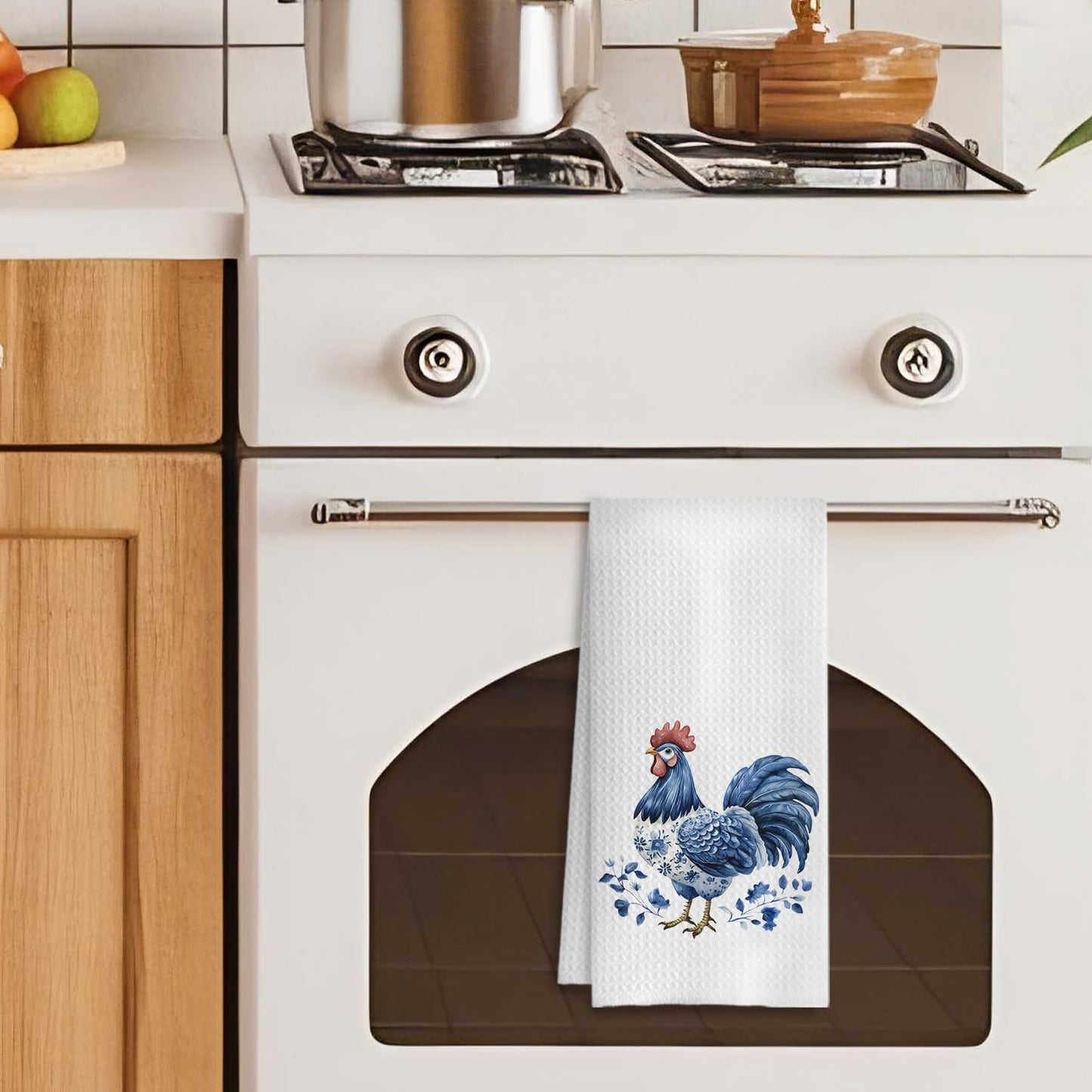 Chinoiserie Chicken Kitchen Towels, Chicken Lover Mom Lady Gifts Decorative Dish Tea Towels for Kitchen, Blue and White Floral Hen Hand Towels for Bathroom, 16x24 Inches