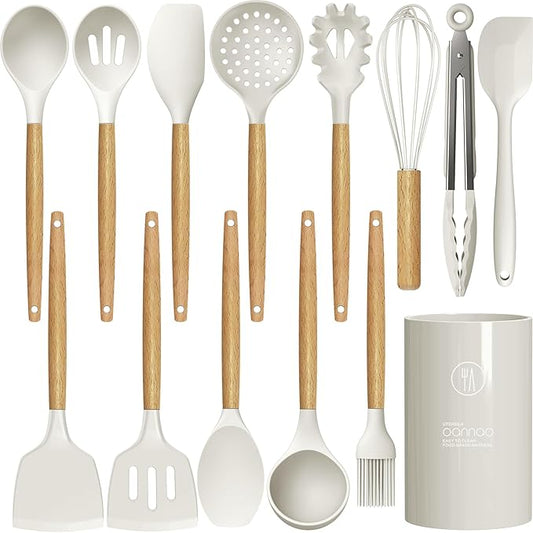Silicone Cooking Utensils Set - 446°F Heat Resistant Silicone Kitchen Utensils for Cooking,Kitchen Utensil Spatula Set w Wooden Handles and Holder for Non-Stick Cookware (Cream White)