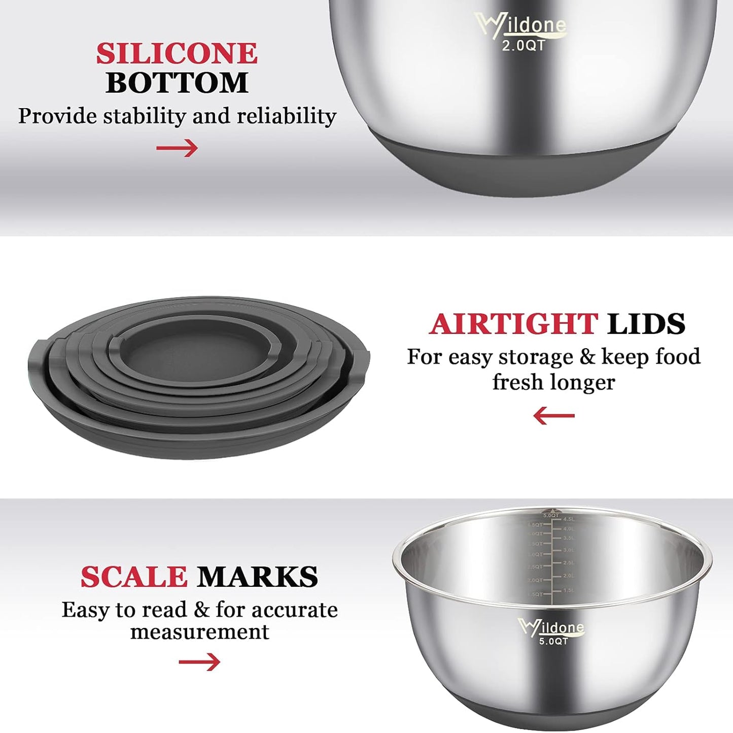 Wildone Mixing Bowls with Airtight Lids, 22 PCS Stainless Steel Mixing Bowls Set, 3 Grater Attachments, Measurement Marks & Non-Slip Bottom, Size 5, 4, 3, 2,1.5, 0.63QT, Ideal for Mixing & Prepping