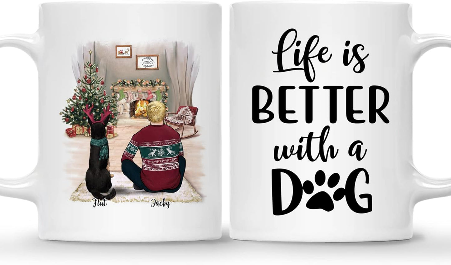 Gossby Personalized Dog Mug - Life is Better with a (Man Dog) White, Two-tone Ceramic Custom Christmas for Dad Gifts Customizable Names, Breeds Xmas - Man & Dog - Life Is Bet