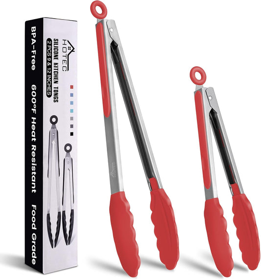 HOTEC Premium Stainless Steel Locking Kitchen Tongs with Silicon Tips, Set of 2-9" and 12"(Red)