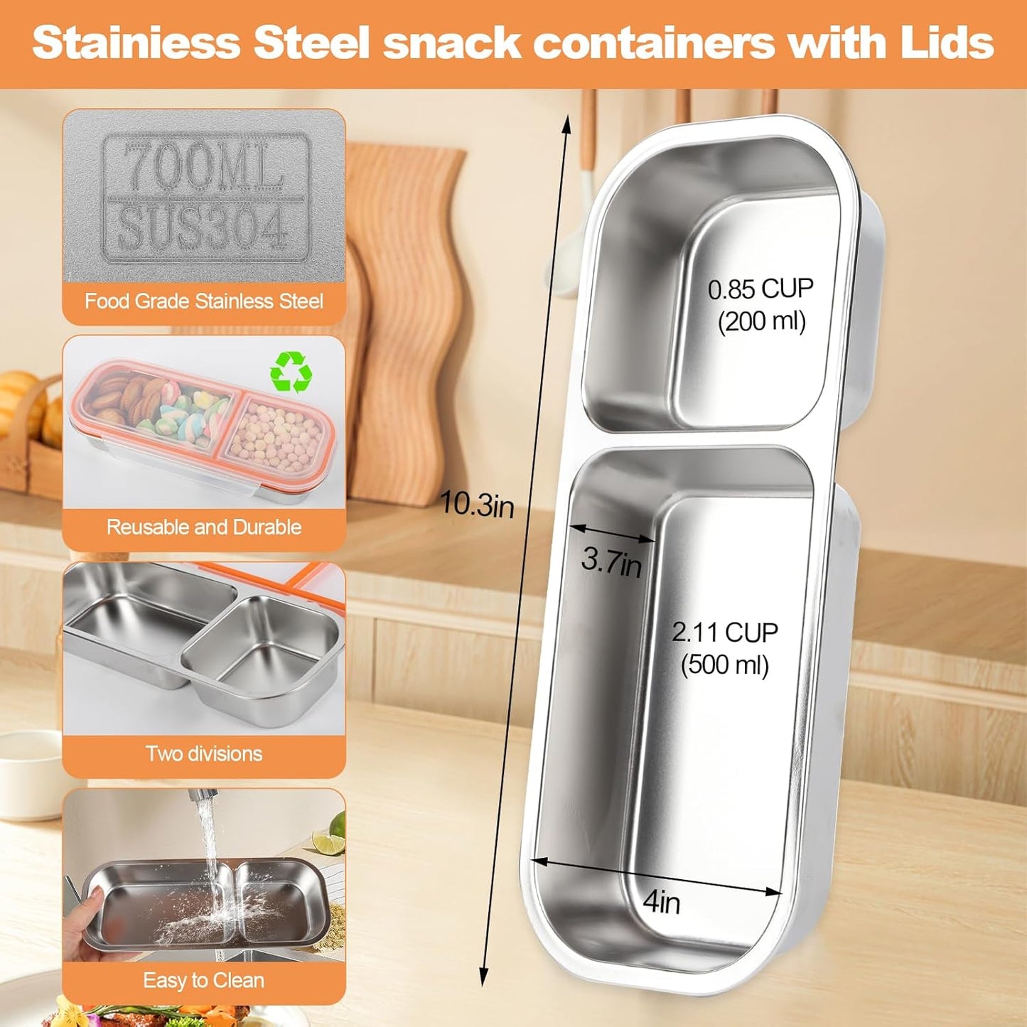 Stainless Steel Snack Containers with Lids, Double Compartment Leakproof Reusable Snack Box for Nuts, Fruits- Divided Grab & Go Container for School, Office, Travel