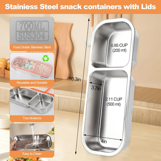 Stainless Steel Snack Containers with Lids, Double Compartment Leakproof Reusable Snack Box for Nuts, Fruits- Divided Grab & Go Container for School, Office, Travel