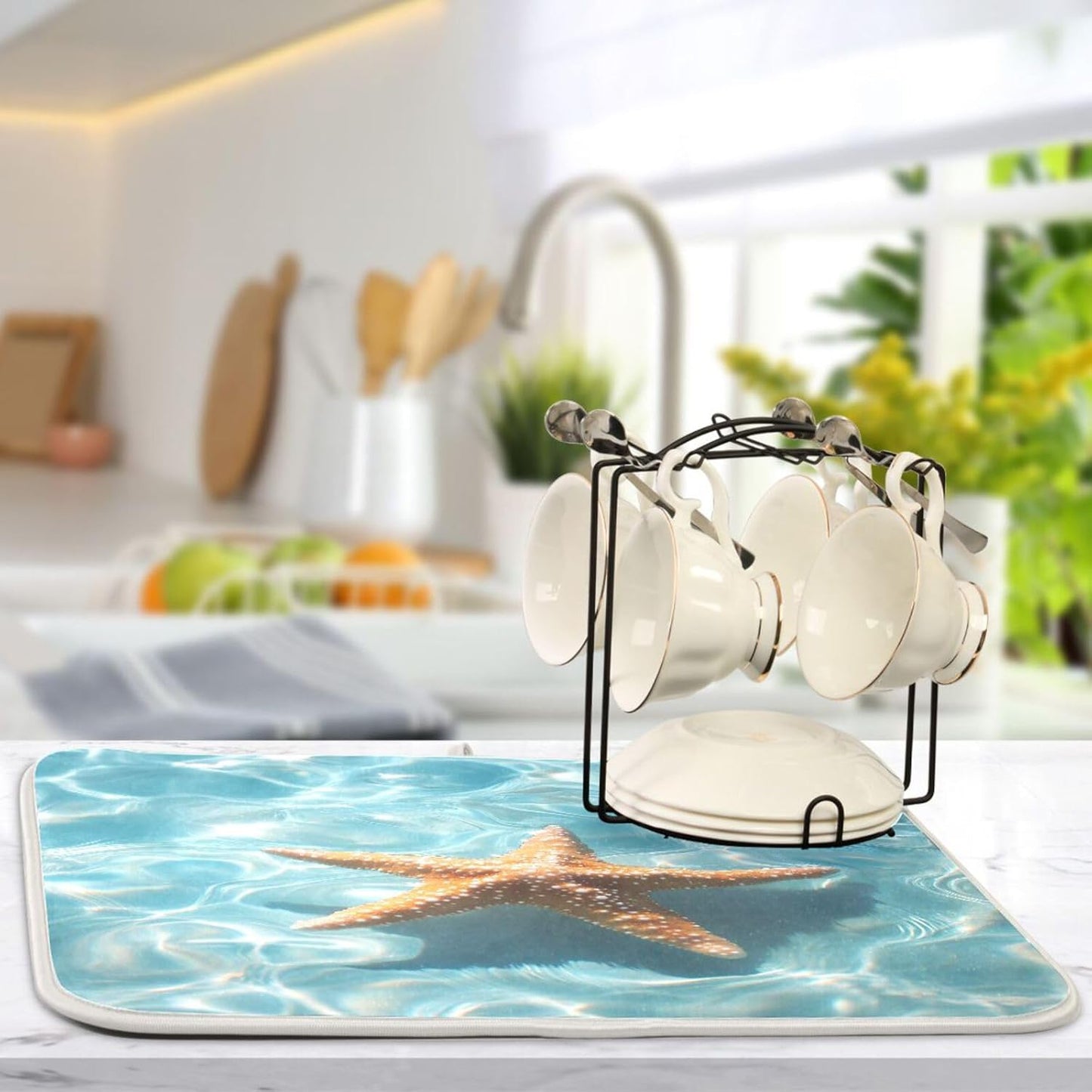 Starfish Floating Dish Drying Mat for Kitchen Counter Super Absorbent Dishes Pad Reversible Microfiber Protector Dish Draining Mats 16x18 inch