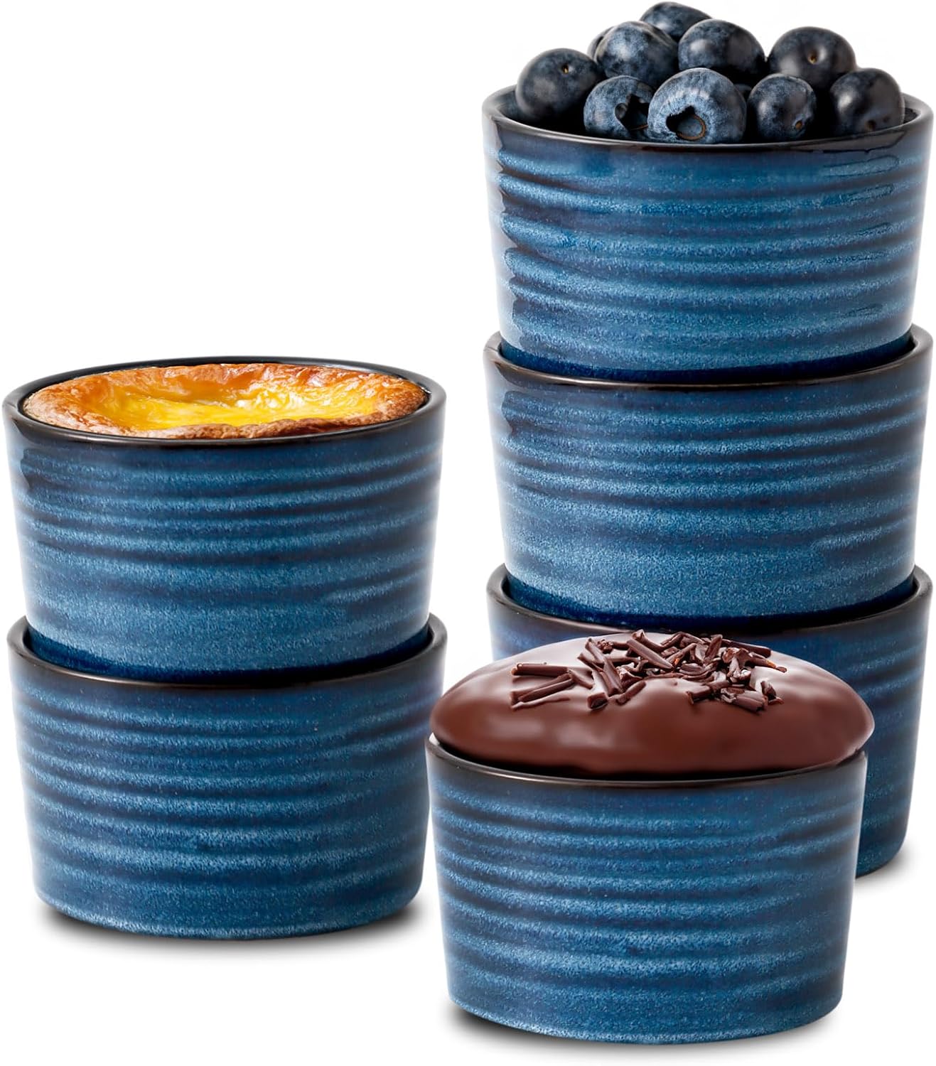 Hasense Ramekins 8 oz Oven Safe for Creme Brulee, Ceramic Souffle Dish Oven Safe Set of 6,Porcelain Dipping Sauce Bowls for Pudding, Creme Brulee, Souffle, Serving Dip, Custard, Ice Cream(Blue)