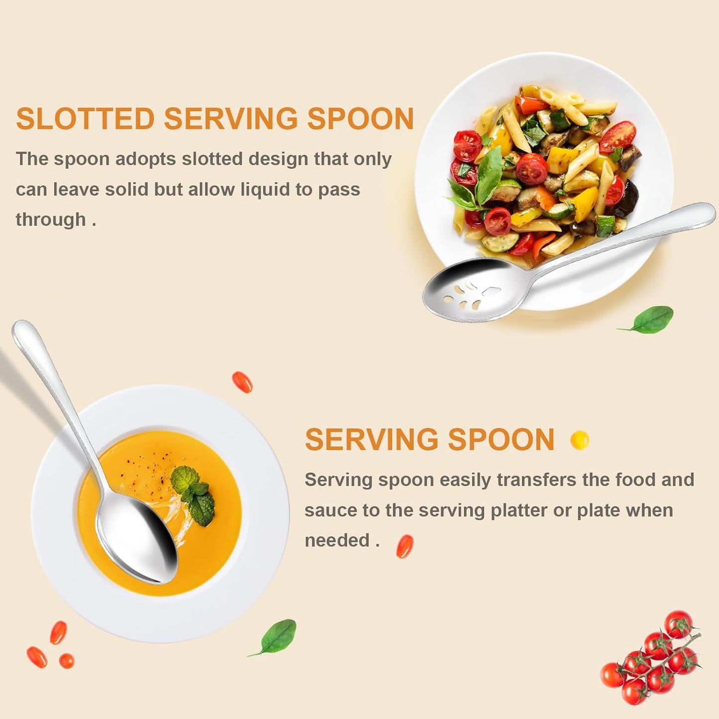 BEWOS 12-Piece Serving Spoons Set, 6 Serving Spoon and 6 Slotted Spoons, 9.1-Inch Utensils Set for Parties, Stainless Steel, Dishwasher Safe, Large Spoon For Buffet