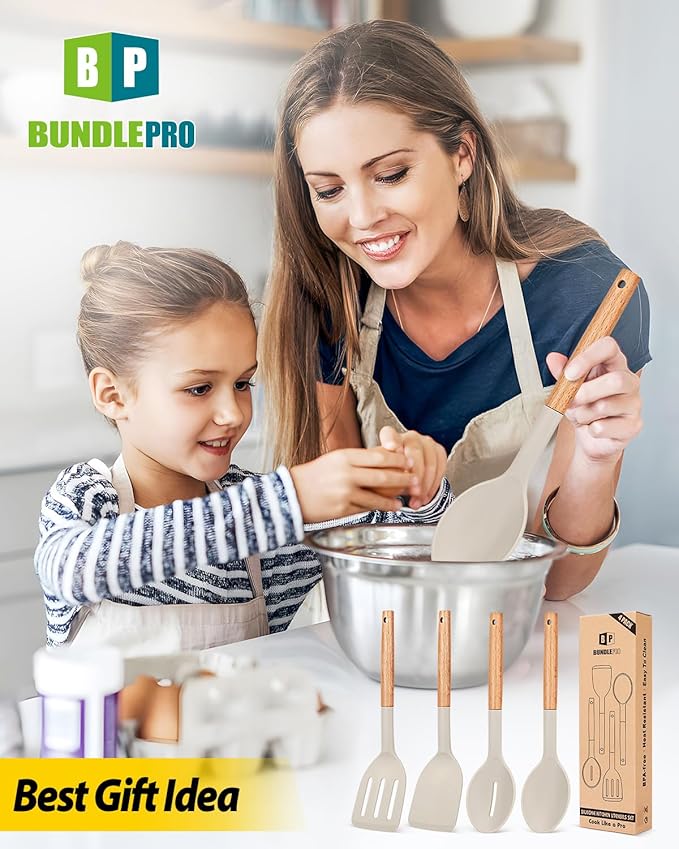 Pack of 4 Silicone Cooking Utensils Set, Non Stick Solid Spatulas and Heat Resistant Slotted Spoons with Wooden Handle, Ideal Wood Kitchen Utensils Set for Frying,Serving,Turning,Stirring (KHAKI)