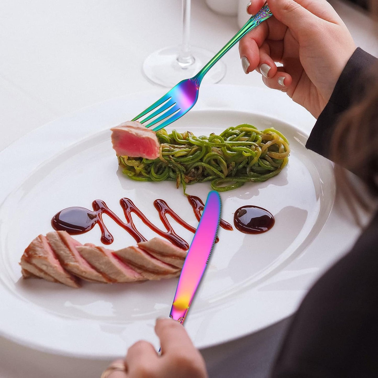 Retro Silverware Rainbow Set for 4 Stainless Steel Flatware 20 Pieces include Knives Spoons Forks With Vintage Relief Design Handle Durable Elegant Festival Parties Kitchen Utensils