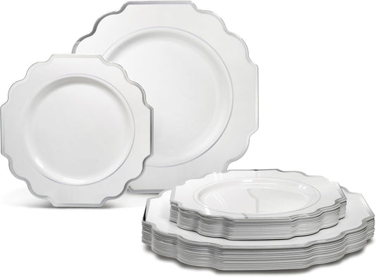 " OCCASIONS " 80 Plates Pack,(40 Guests) Heavyweight Wedding Party Disposable Plastic Plates Set -40 x 10.5'' Dinner + 40 x 8'' Salad/Dessert Plate (Imperial in White & Silver Rim)