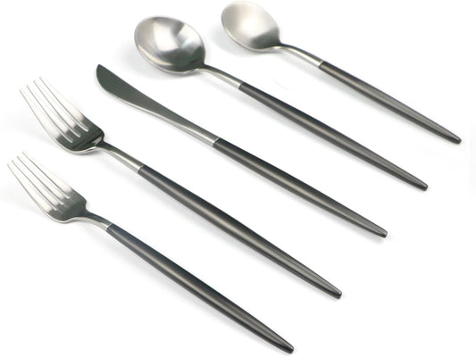 5-Pieces Luxury Black Handle Silver 18/10 Stainless Steel Flatware Set, Matte Finish, Service for 1