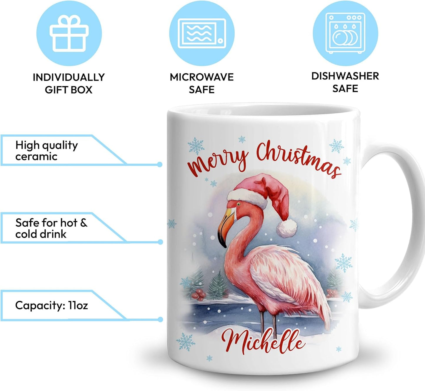 Hyturtle Personalized Gifts Flamingo Lover - Flamingo Wearing Santa Hat Custom Name Ceramic Coffee Mug Cup 11oz - Cute Animal Lovers Gifts For Women, Girl kids Family On Birthday, Christmas