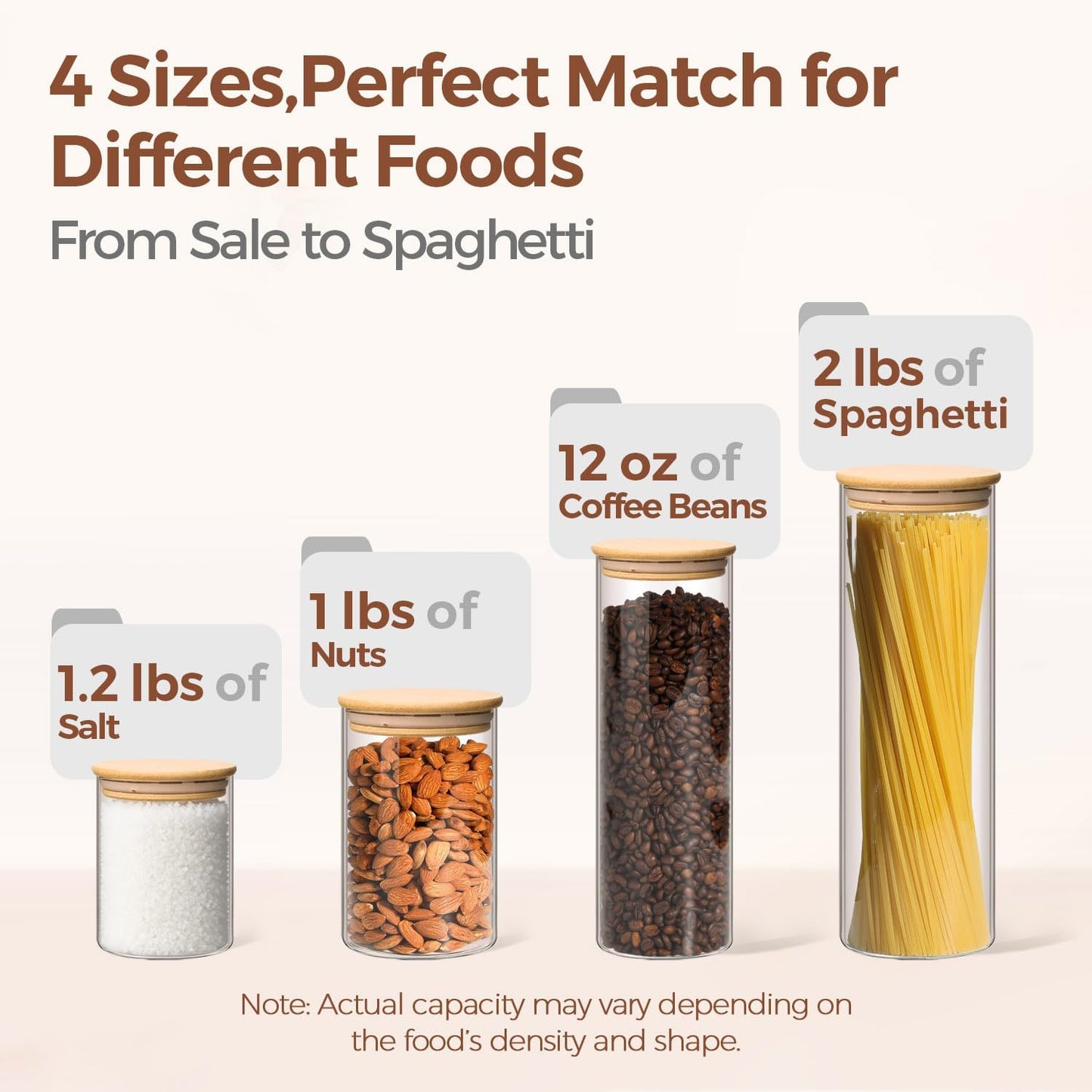 ComSaf Glass Food Storage Jars Set of 6, Clear Glass Storage Containers with Lids, Canisters Sets for the kitchen, Spaghetti, Pasta, Flour, Nuts, Oat, Coffee and Sugar Container, Pantry Organization