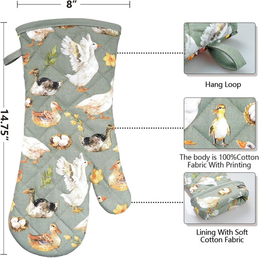 Oven Mitts Cotton Fashion Cute Teal Design 1pair Heat Resistant Oven Gloves Safe Cooking Baking Grilling Barbecue Machine Washable Pot Holders (Teal)