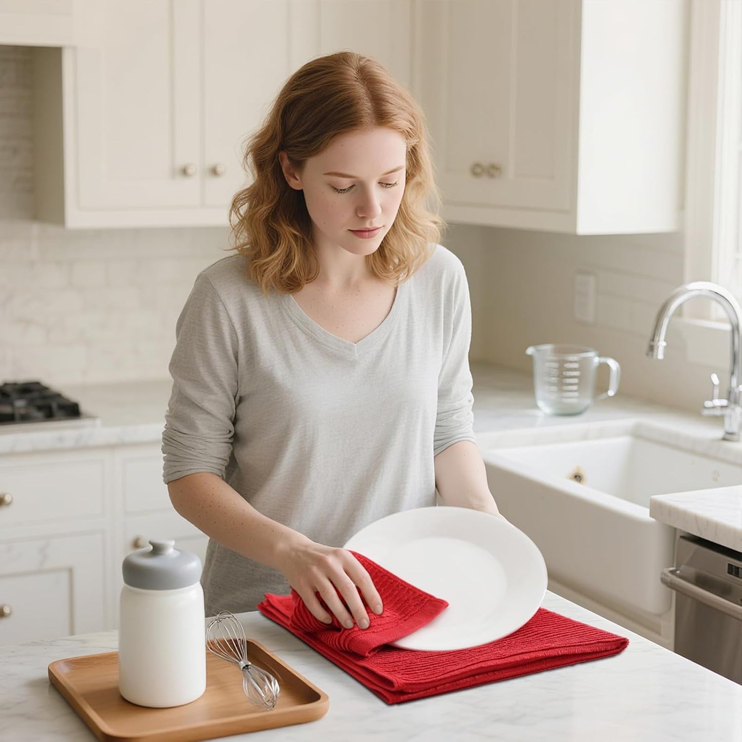 Homaxy Premium Kitchen Towels (18"x 28", 6 Pack), Large 100% Cotton Kitchen Hand Towels, Ultra Absorbent Ribbed Terry Tea Towels Set with Hanging Loop, Red