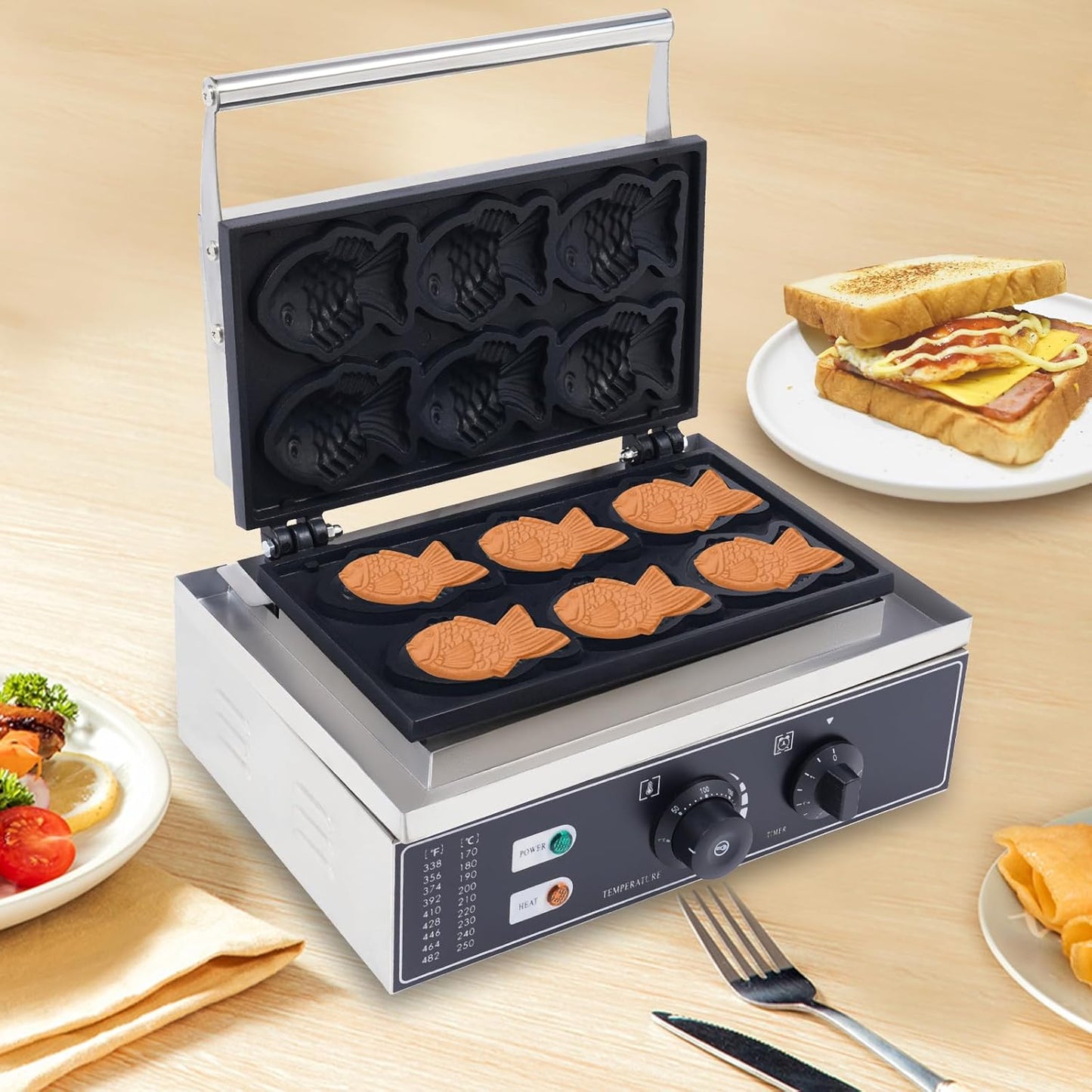 1550W Taiyaki Fish Waffle Maker, 6 Mold Mini Fish-Shaped Waffle Making Machine, Commercial Non-Stick Japanese Taiyaki Waffles Iron, 122-572℉ Adjustable for Making 6 Mini Closed-Mouth Fish waffles