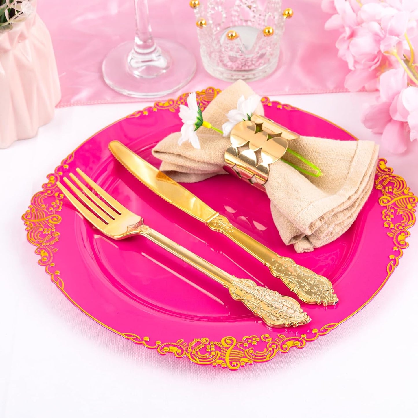 125PCS Hot Pink Plastic Plates - Pink Disposable Plate - Elegant Party Plates with Gold Plastic Silverware Sets for 25 Guests for Party & Birthday & Baby Shower