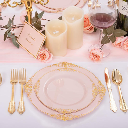 125PCS Pink and Gold Plastic Plates - Pink Disposable Plates - Vintage Plate with Gold Plastic Silverware Set for 25 Guests for Weddings Parties