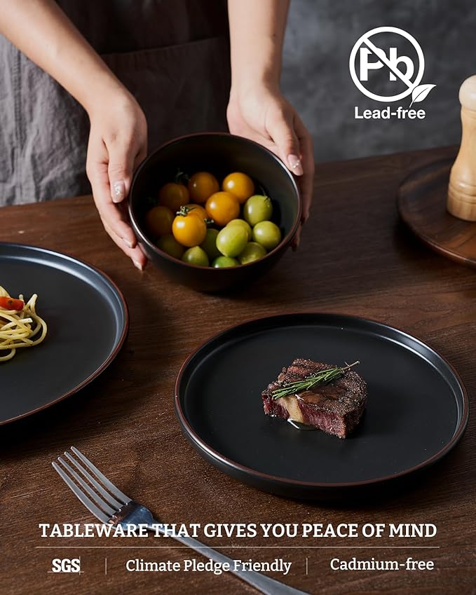 Famiware Mercury Dinnerware Sets with Mugs, Service for 6 (24 Pieces), Stoneware Plates and Bowls Sets, Microwave and Dishwasher Safe Dishes Set, Matte Black