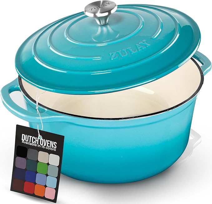 Zulay Kitchen 5 Quart Enameled Cast Iron Dutch Oven Pot with Lid – Premium Durability & Oven Safe up to 500°F – Heavy Duty Cookware Perfect for Bread Baking, Stews, Braising & Roasting – Light Blue