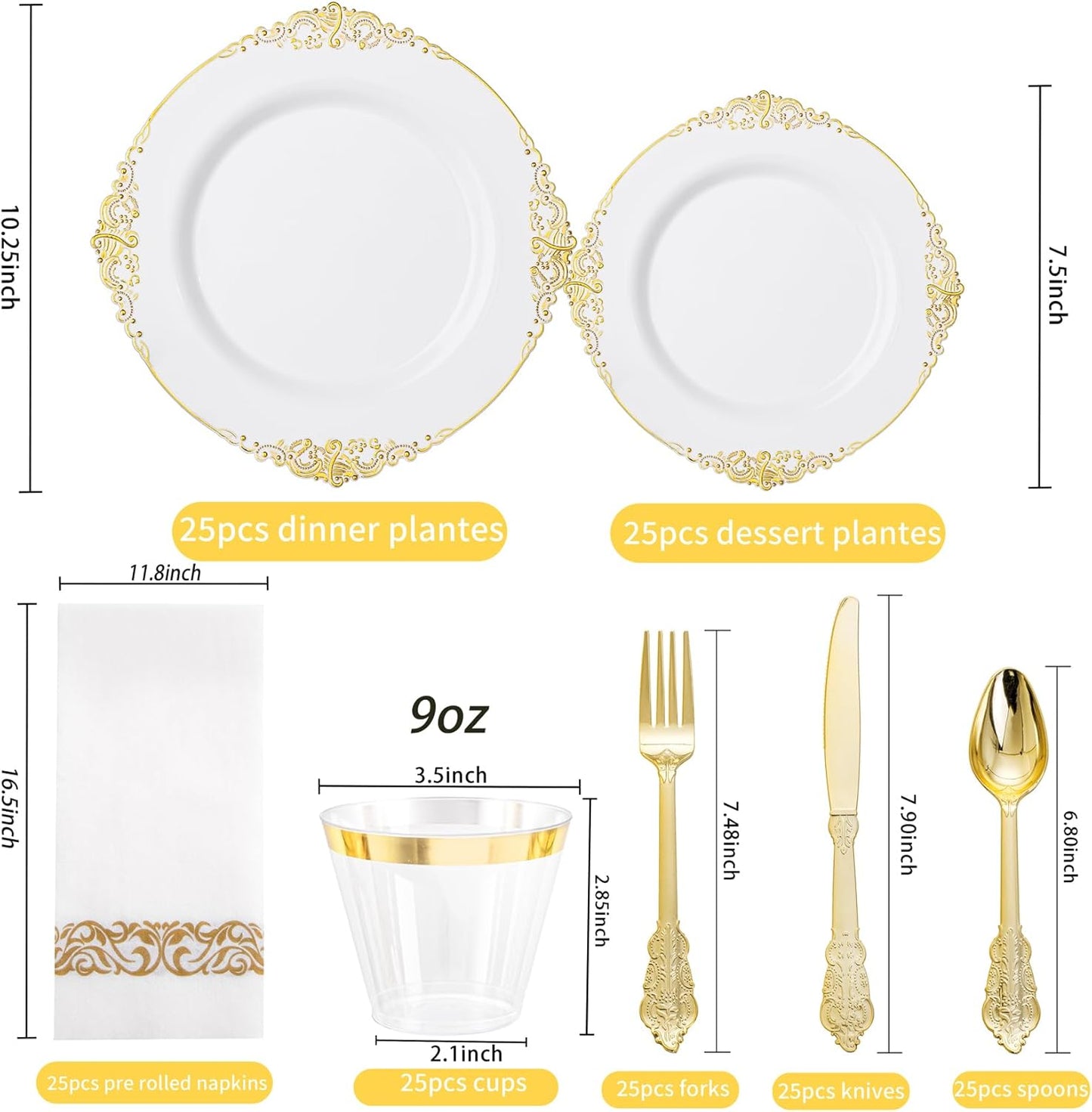 Hioasis 175pcs White and Gold Plastic Plates - Elegant Disposable Dinnerware Set Suitable for 25 Guests Include 10.25" Dinner & 7.5" Dessert Plates, Cutlery, Napkins, Cups for Party & Thanksgiving