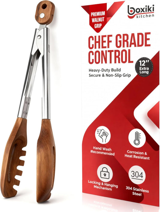 3-in-1 Kitchen Tongs & Pasta Server – 12 Inch Walnut Multifunction Tongs with Slotted Forked & Flat Tips for Pasta, Salad, Cooking and More – Elegant, Heat-Resistant Food Tongs for Home Cooks & Chefs