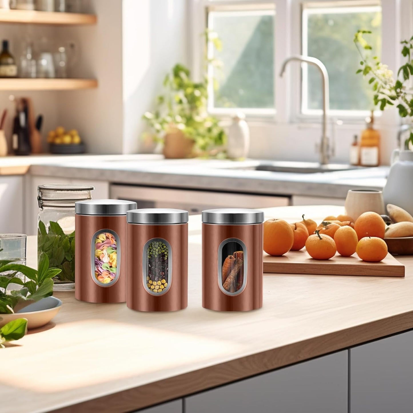 Canisters Sets for the Kitchen, 3pcs Sugar Flour Tea Coffee Storage Jars Stainless Steel Food Container Organizer for Kitchen Counter with Transparent Window (bronzy)
