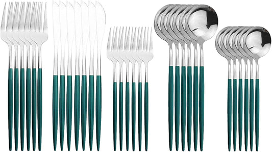 Silverware Set – 30 Piece Family Dinnerware Set – Flatware Set Service For 6 – Green Silver Tableware Sets – Cutlery Great For Family Gatherings & Daily Use – Spoons, Knives, Forks