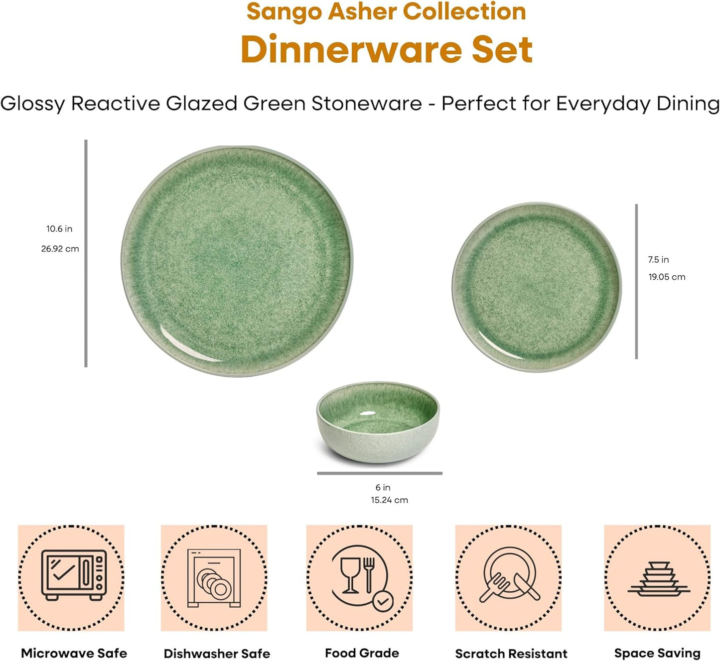 Sango 12-Piece Stoneware Dinnerware Set for 4, Green Ceramic Plates and Bowls Sets, Modern Dish Set with Reactive Glaze, Durable Kitchen Dishes for Casual Dining, Microwave & Dishwasher Safe, Asher