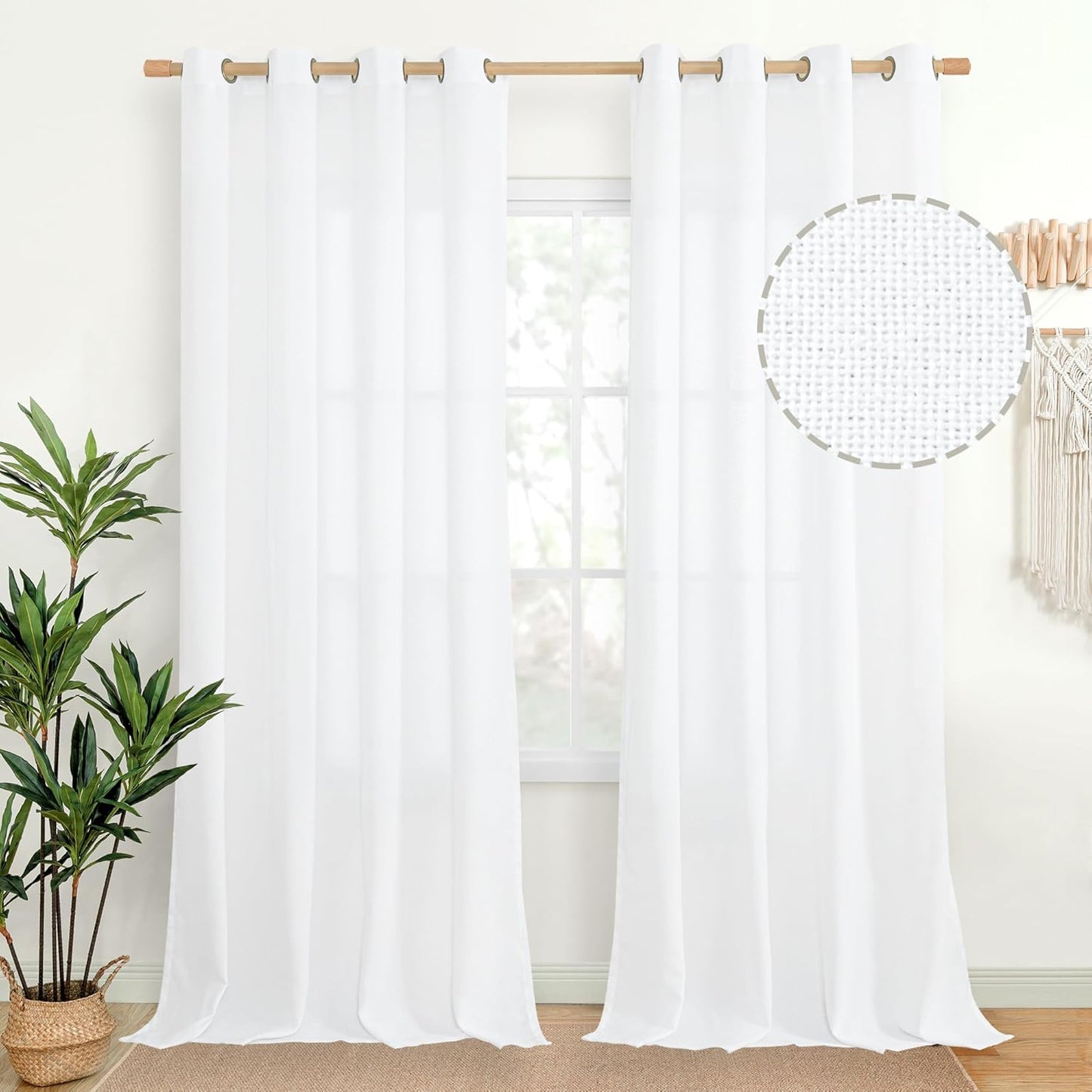 YoungsTex White Linen Curtains for Living Room 90 Inches Long 2 Panels Set, Extra Long Semi Sheer Drapes with Bronze Grommet Light Filtering for Bedroom Dining Room, 52 x 90 Inch