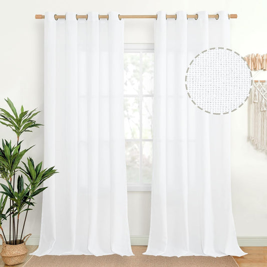 YoungsTex White Linen Curtains for Living Room 90 Inches Long 2 Panels Set, Extra Long Semi Sheer Drapes with Bronze Grommet Light Filtering for Bedroom Dining Room, 52 x 90 Inch