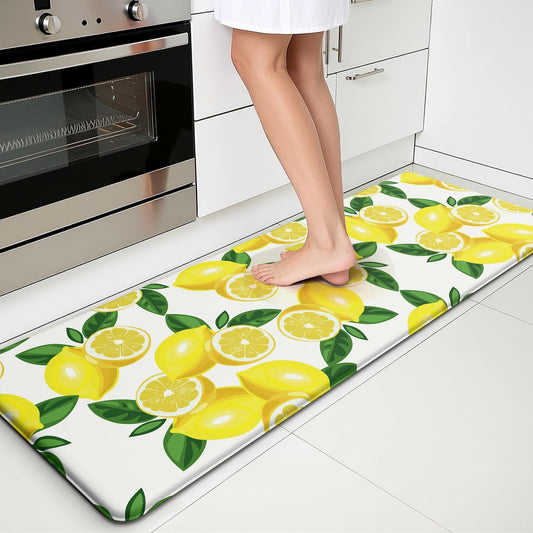 Lemon Kitchen Mats for Floor - Anti Fatigue Mats for Kitchen Floor, Cushioned Non-Skid Washable Memory Foam Rug for Office, Sink, Laundry (17.3"×47"×0.47") White