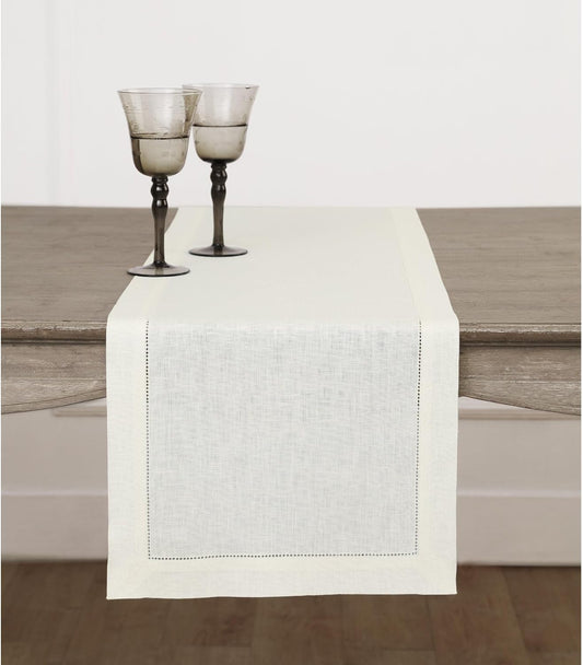 Solino Home Linen Ivory Table Runner 48 Inches - Classic Hemstitch, 100% Pure Linen Coffee Table Runner 14 x 48 Inch Ideal for Dresser Tables - Fall, Halloween, Thanksgiving, Christmas, Holiday
