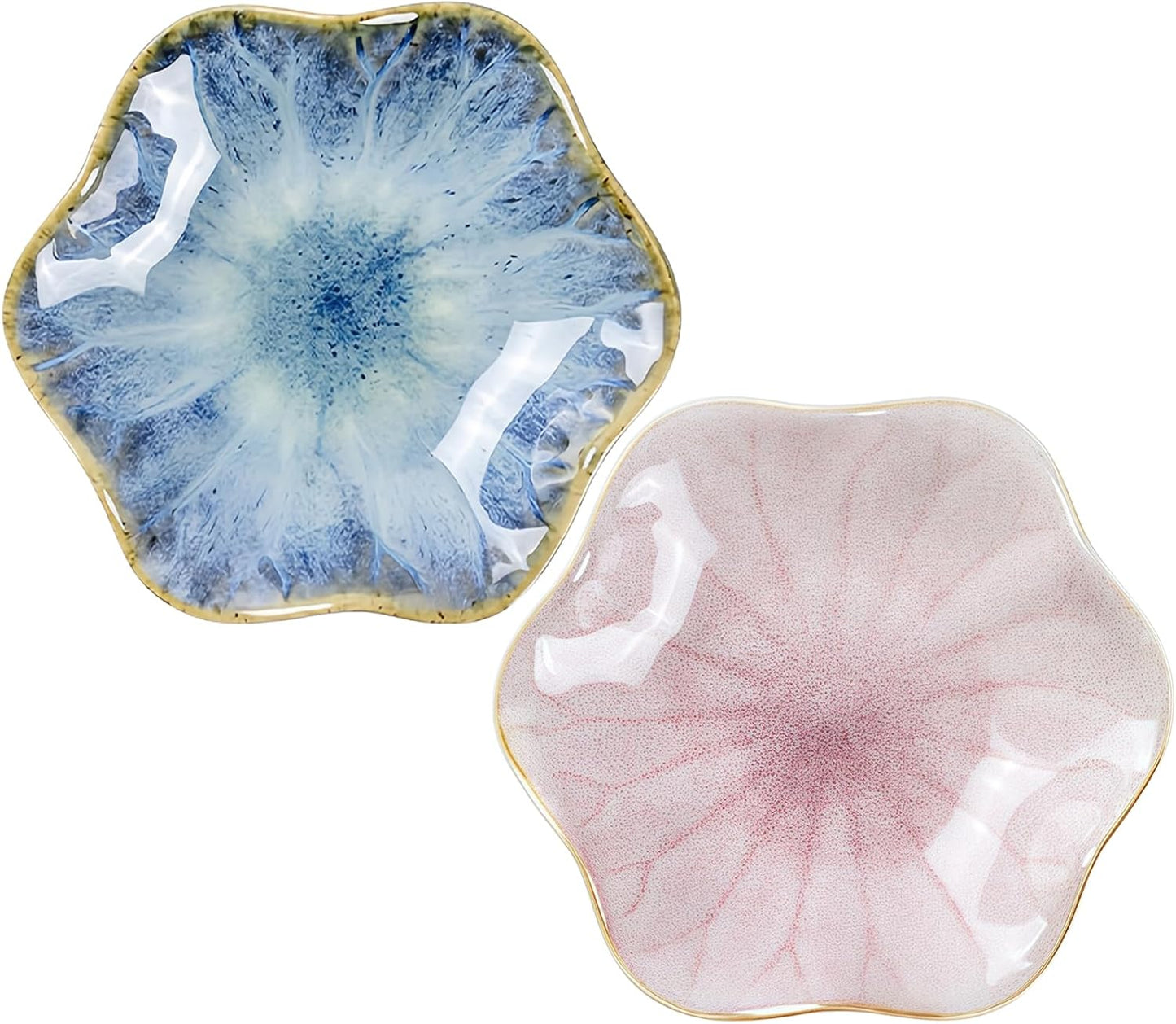 2Pcs Ceramic Jewelry Dish - Lotus Leaf Shape, for Ring Holder Necklace Small Key, Suitable for Mother Friend Sister, Gifts for Women, Cute Plate Trinket Tray, Home Decor (Light Blue & Pink)