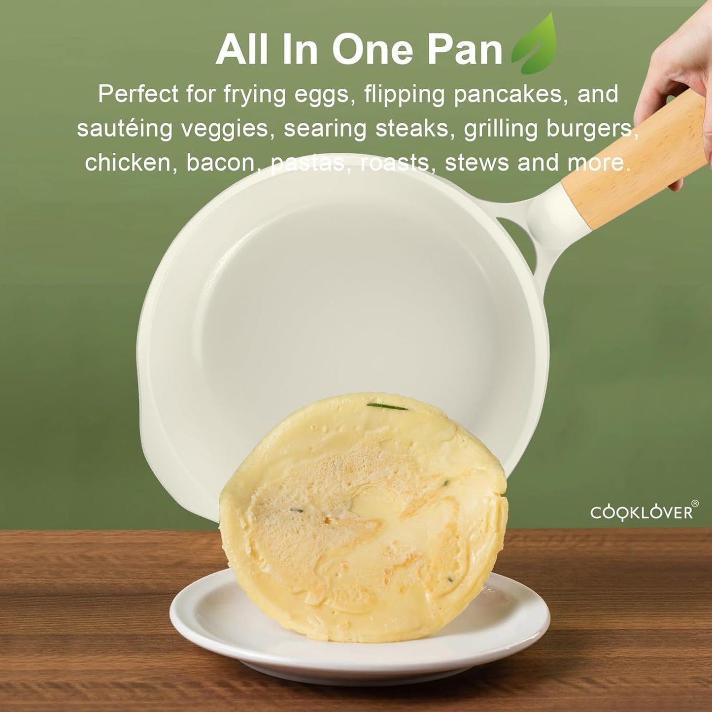 COOKLOVER Nonstick Frying Pan 100% PFOA Free Cookware Induction Skillet Stir Fry Pan (Cream white, 7.9 inch)