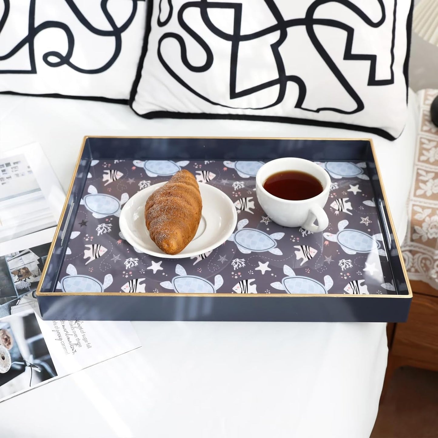 Spsyrine Decorative Serving Tray with Handles, Blue Lacquered Coffee Table Tray for Ottoman, Rectangle Waterproof Platters for Centerpieces, Parties, Living Room, Kitchen Counter Organization Turtle