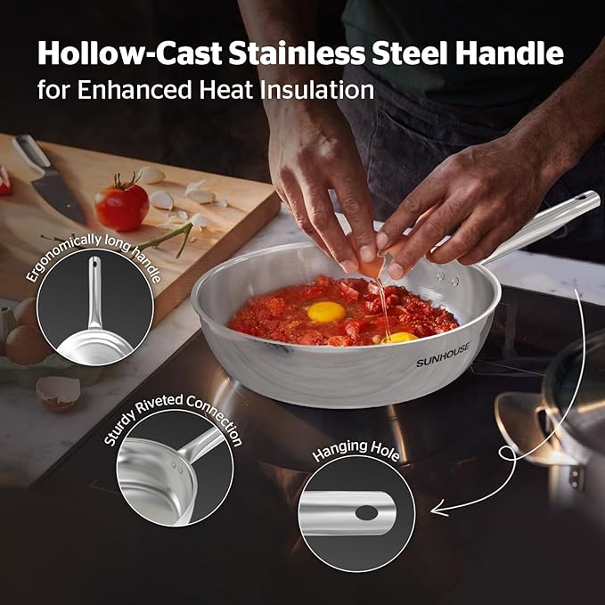 SUNHOUSE 9 Inch Tri-Ply Stainless Steel Frying Pan, Whole-Clad No Coatings Skillet with Stay-cool Handle for Cooking, Durable & Oven Safe to 500°F, Dishwasher Safe, Compatible with All Cooktops