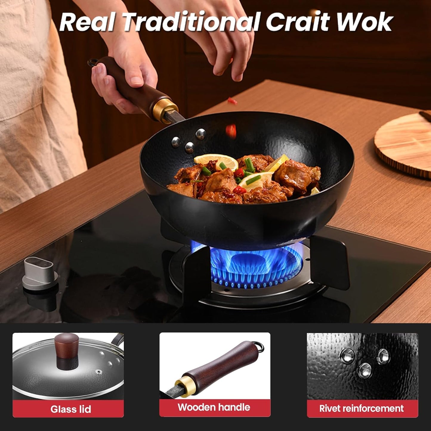 Carbon Steel Wok Pan, 10.2" Woks & Stir-Fry Pans with Glass Lid Cookwares, Nonstick Wok Flat Bottom Small Handmade Chinese Wok For for All Stoves