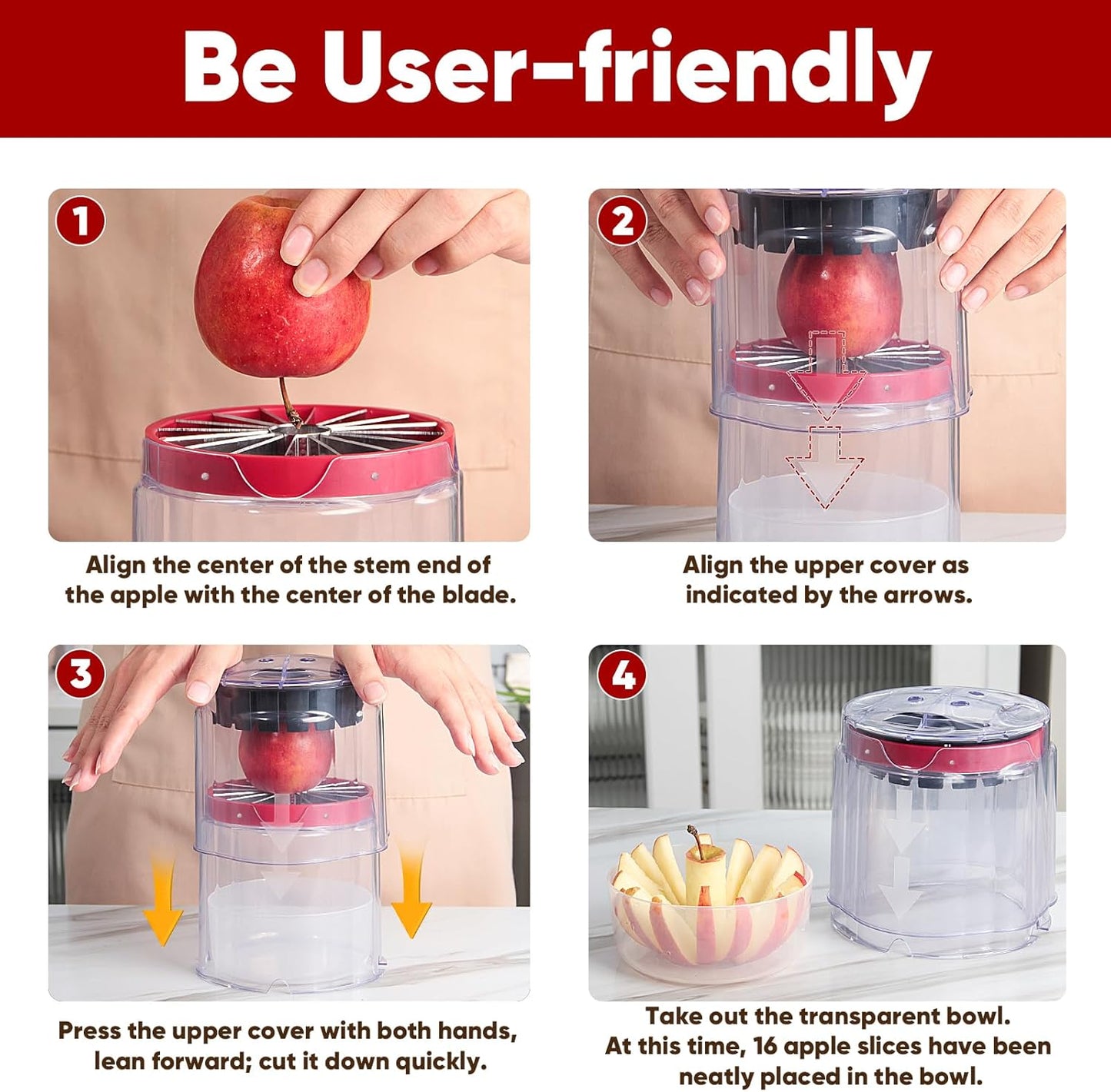 OOKUU Extra-Large Apple Slicer & Corer – 16-Blade Heavy Duty Stainless Steel Apple Cutter, Safe & Quick Apple Divider for Apples, Pears & More, with Clear Catch Bowl