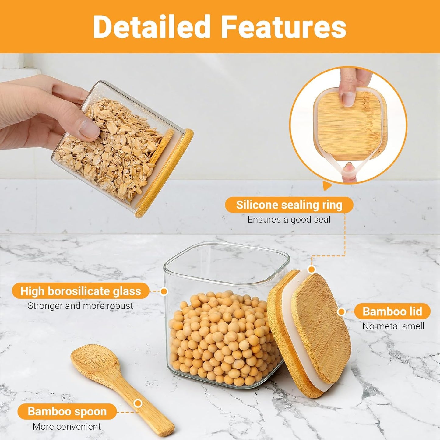 Square Glass Jar with Lid, 12 Fl.oz Glass Jars with Bamboo Lids Set of 2, Kitchen Pantry Storage Containers for Spice, Sugar, Coffee, Tea, Candy, Nuts - Included Labels, Marker and Spoon