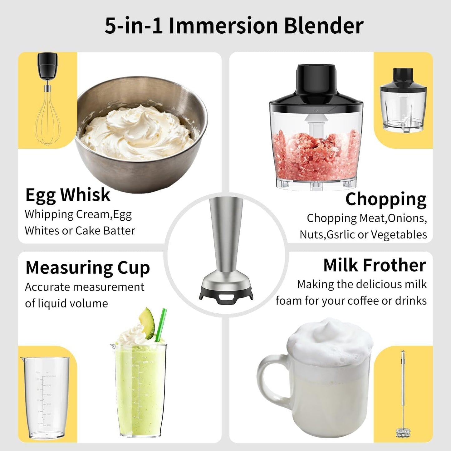 Immersion Hand Blender Stick Blenders Sets 5-in-1 Multi-functional Kitchen Blender with Nylon Blade Cover, with Egg Whisk, Milk Frother Attachments for Kitchen, Puree,Soup,Smoothies