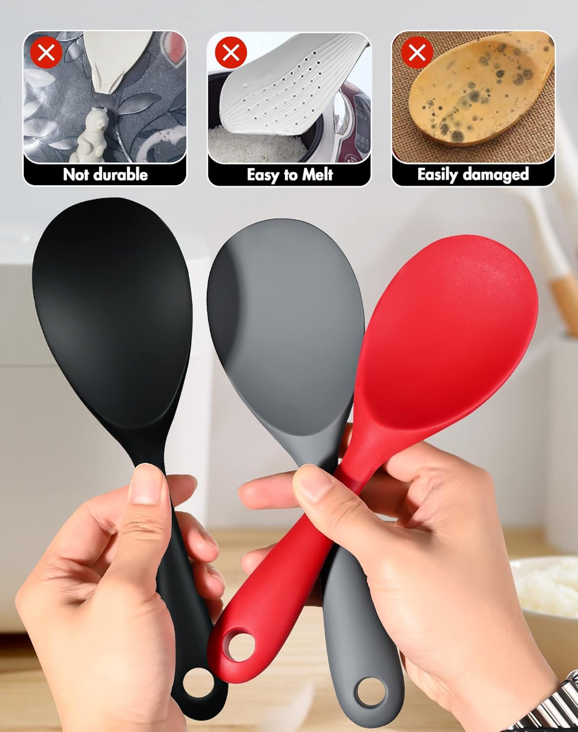 FireKylin 2 Pcs Silicone Rice Paddle,Non Stick Rice Spoon Scooper Spatula,Heat Resistant Rice Cooker Spoon(Black)