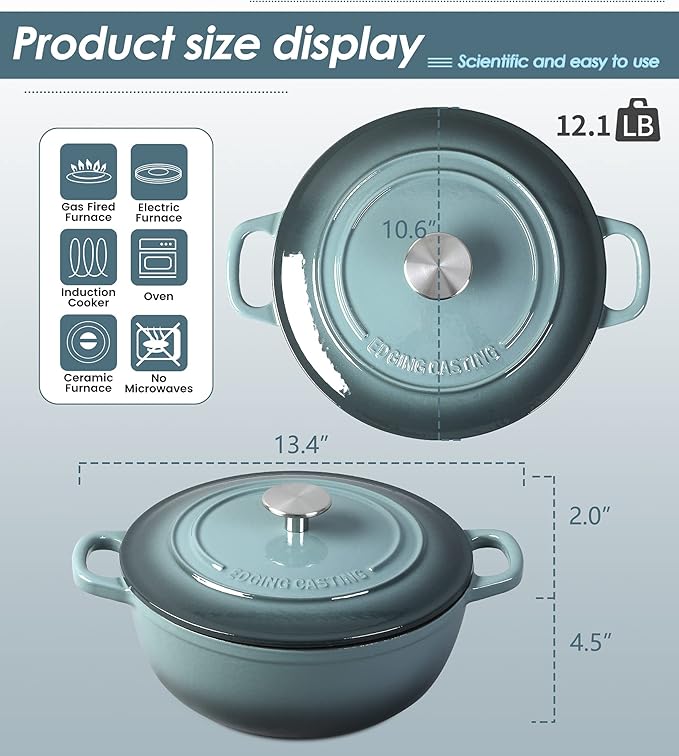 Enameled Cast Iron Dutch Oven Pot with Lid for Sourdough Bread Baking, Bread Dutch Ovens, Cooking Pots, 5 Quart, Slateblue