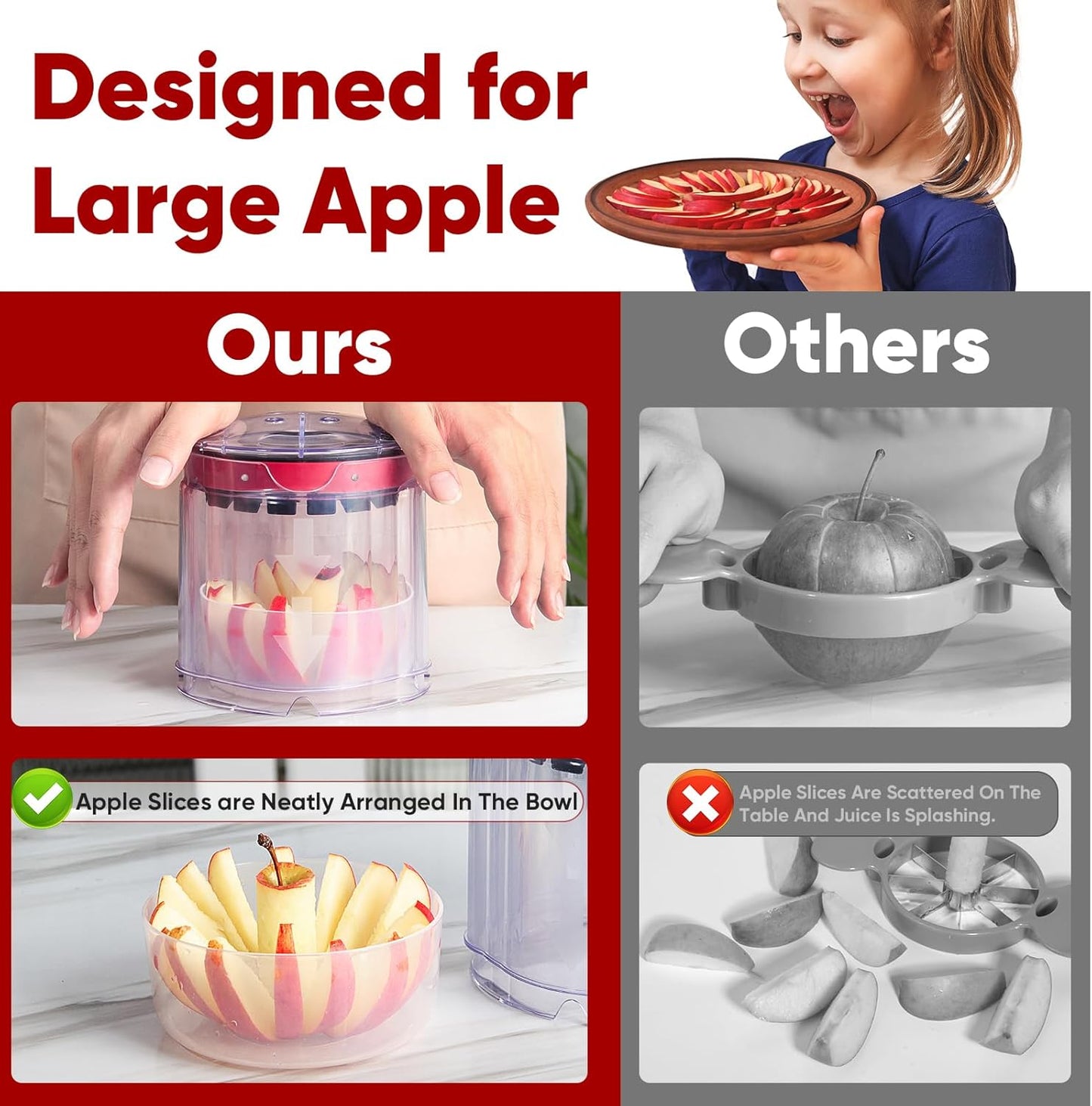 OOKUU Extra-Large Apple Slicer & Corer – 16-Blade Heavy Duty Stainless Steel Apple Cutter, Safe & Quick Apple Divider for Apples, Pears & More, with Clear Catch Bowl