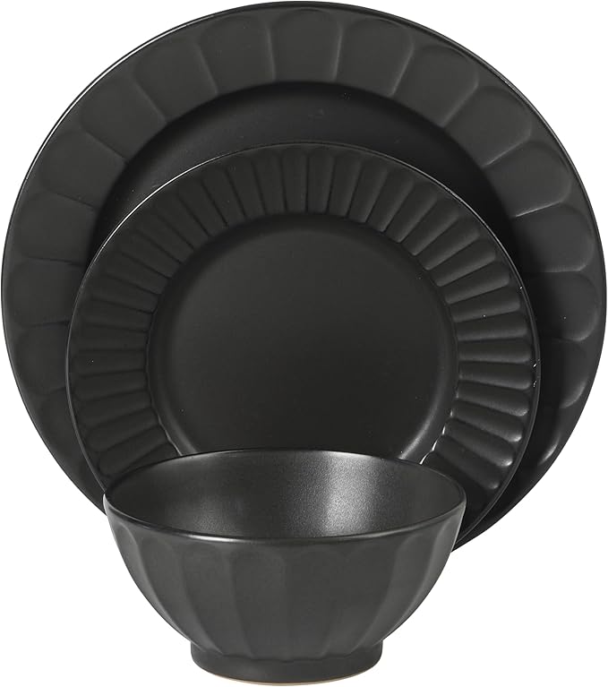 Gibson Elite Winchester Way 12-Piece Embossed Stoneware Dinnerware Set – Reactive Matte Glaze, Durable Lightweight-Tech Plates & Bowls, Everyday Dish Set, Microwave & Dishwasher Safe – Black
