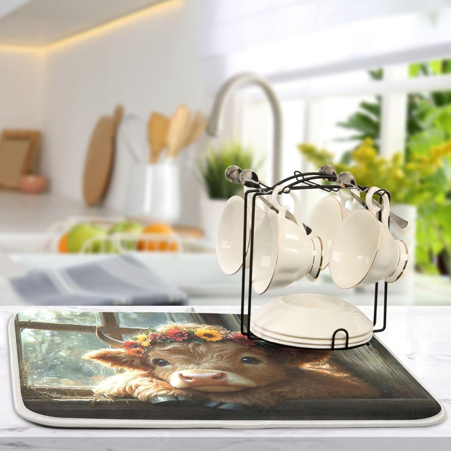 Cute Highland Cow with Flowers Dish Drying Mat for Kitchen Counter Super Absorbent Dishes Pad Reversible Microfiber Protector Dish Draining Mats 18x24 inch